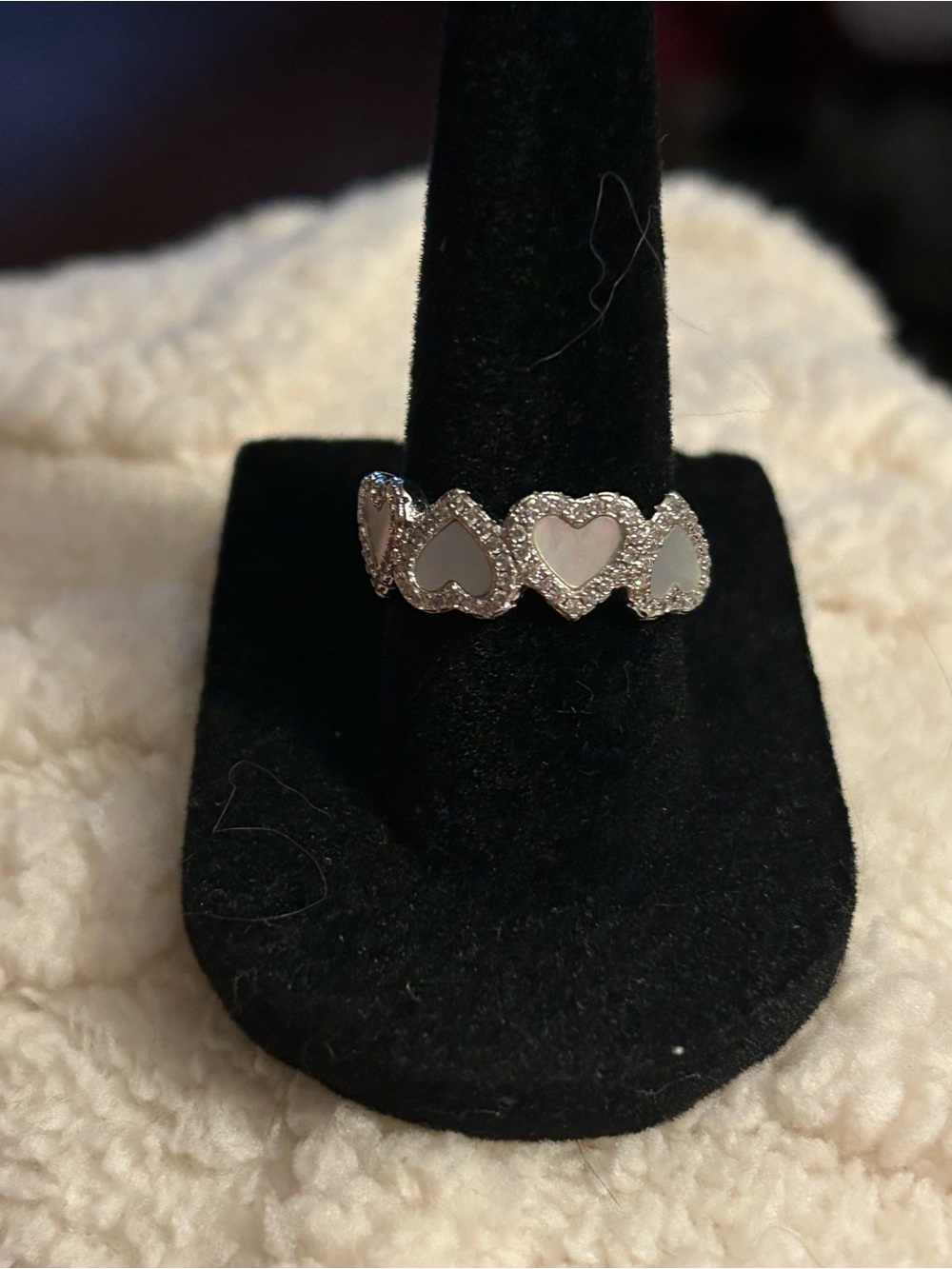 Sterling Silver Heart Cluster Ring with White Mother-of-Pearl Inlays